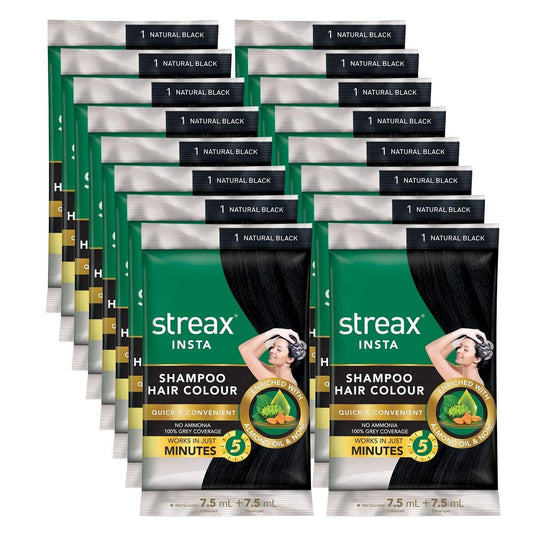 Streax Insta Shampoo Hair Colour Natural Black 15ml x 16 (Pack of 16)