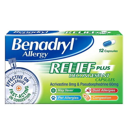 Benadryl Allergy Relief Plus Decongestant - 12 Capsules