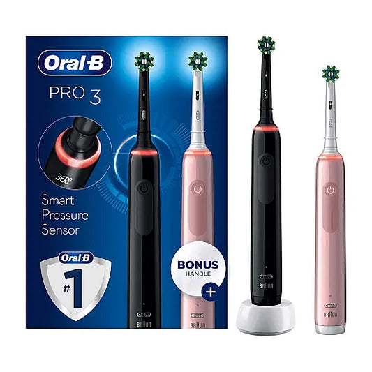 Oral-B Pro 3 3900 Duo - Smart Pressure Sensor - Pack of Two Electric Toothbrushes Black & Pink