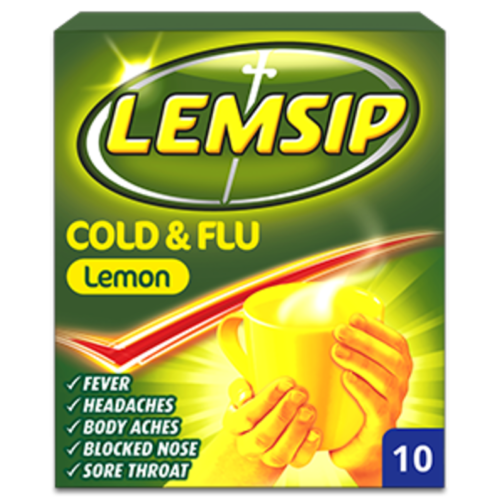 Lemsip Cold & Flu Lemon 10 Powder Sachets Fever Blocked Nose Sore Throat